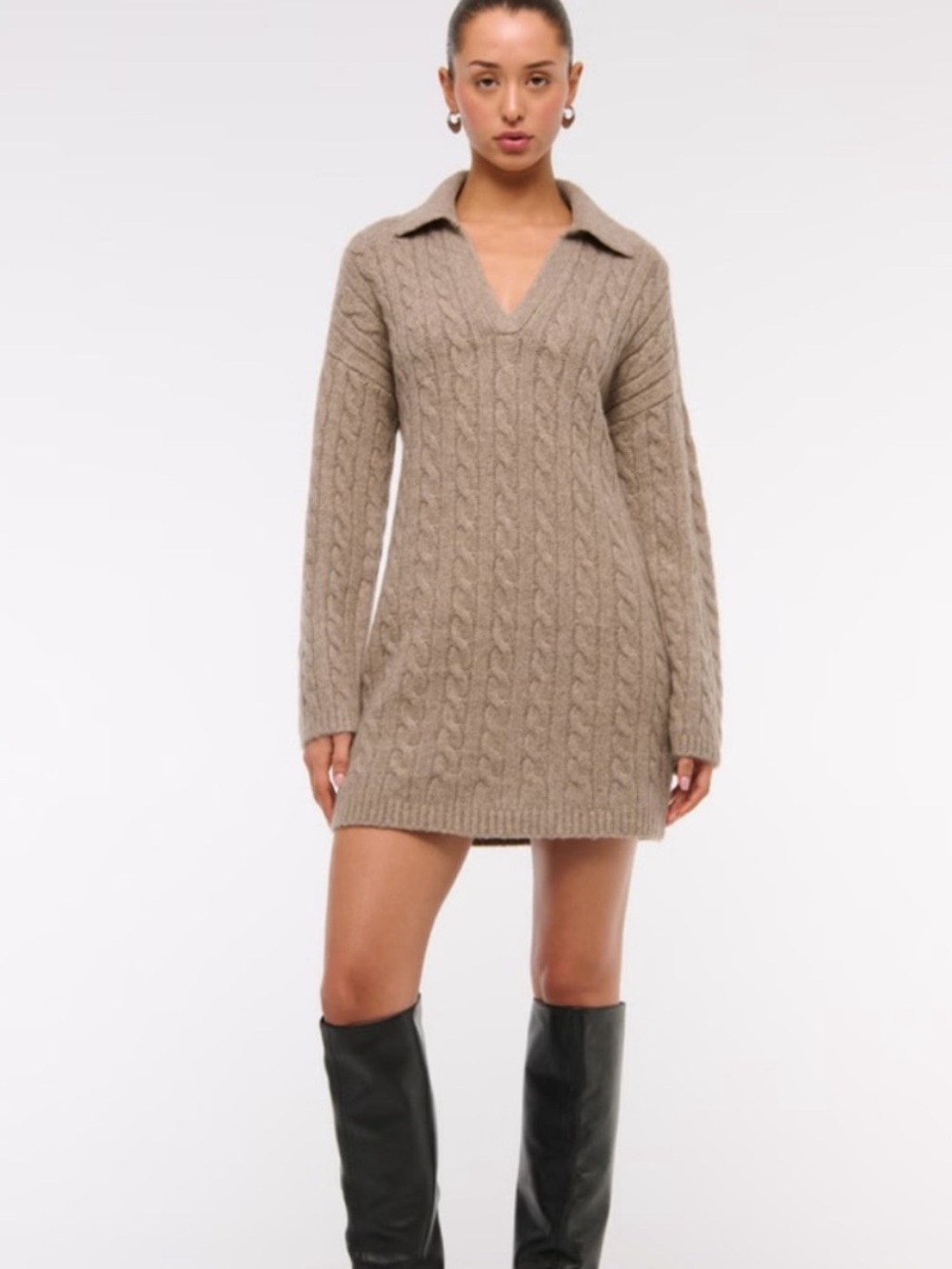 Abercrombie & Fitch Taupe Cable‑Knit Polo Sweater Mini Dress